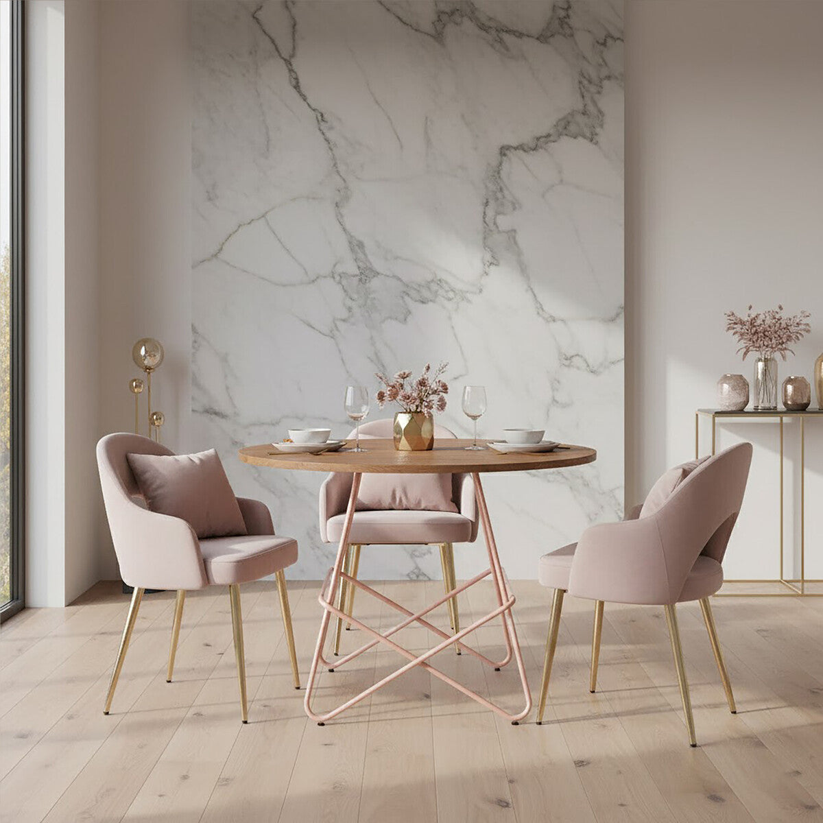 District Pink Metal And Elm Wood Round Dining Table