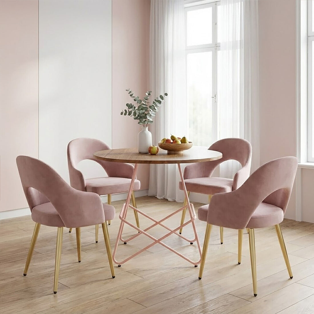 Dining room with a round wooden table and pink chairs in a bright room.
