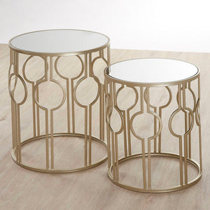 Avantis Champagne Finish Set of 2 Round Side Tables with Circle Design