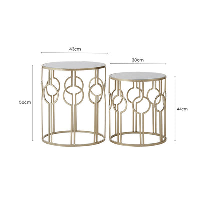 Set of 2 Circle Design Champagne Metallic Base Side Tables with Mirrored Glass Tops, Avantis
