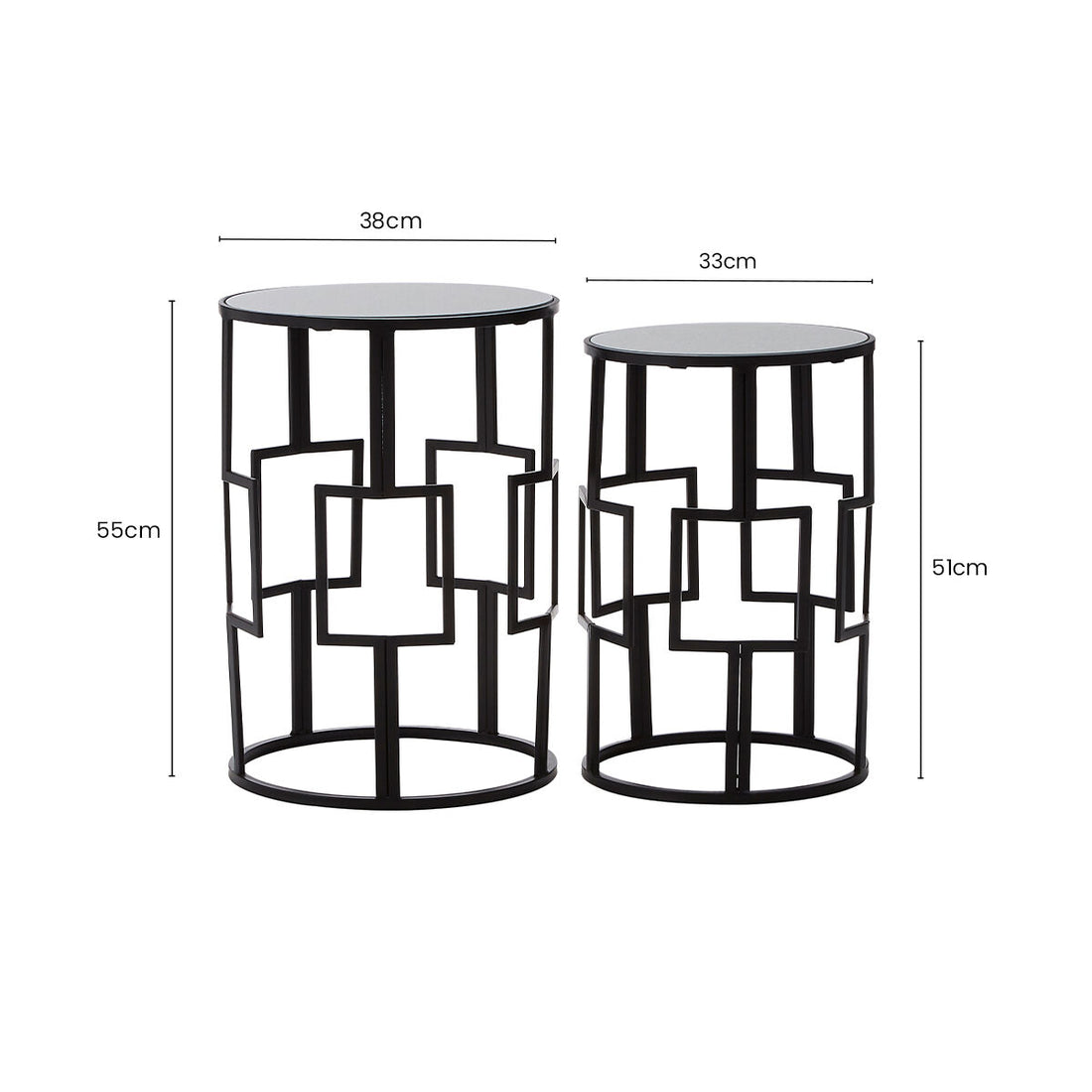 Set of 2 Black Square Metal Frames Nesting Tables with Mirrored Tops, Avantis