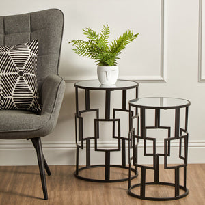 Avantis Black Finish Set of 2 Round Side Tables with Geometric Grid Design