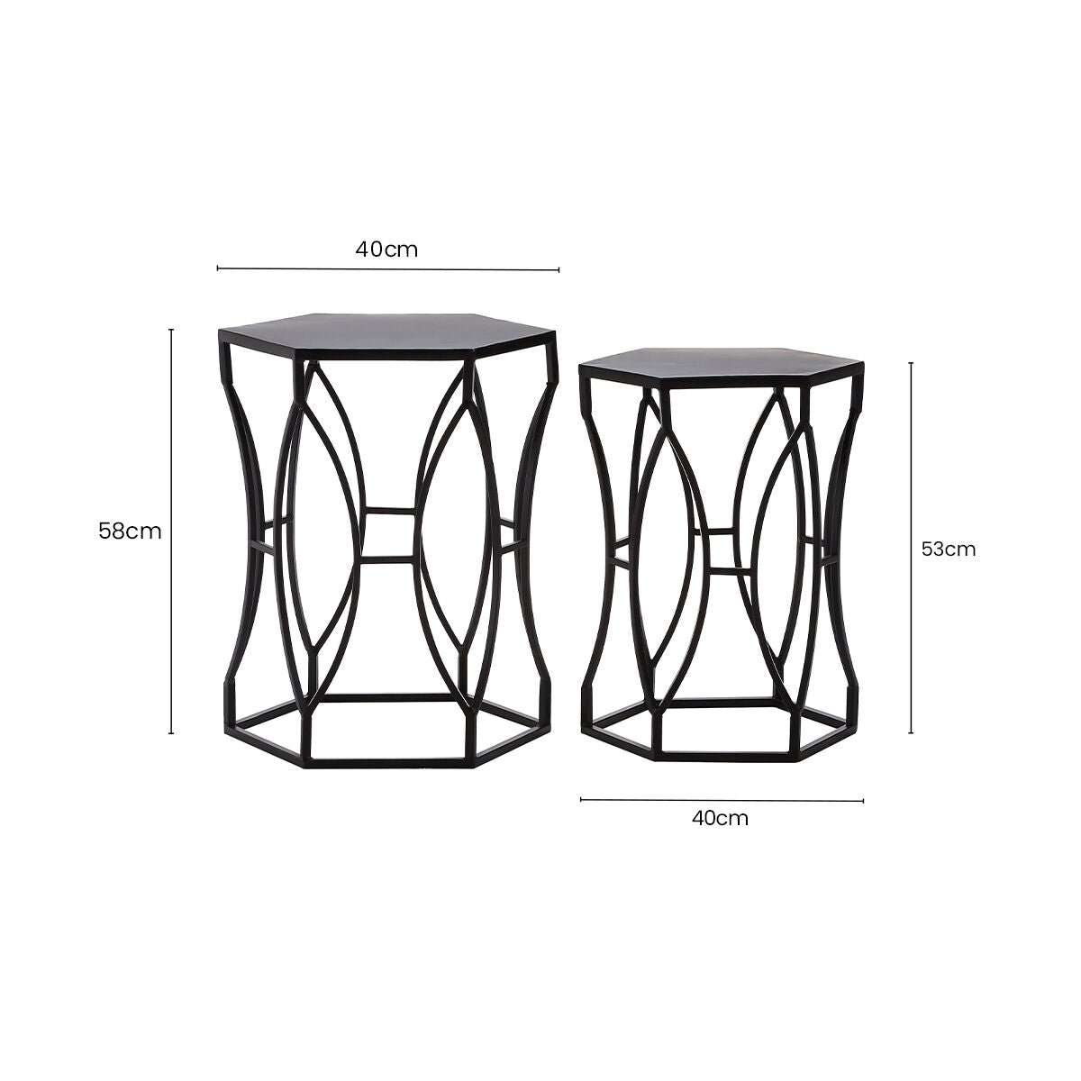 Set of 2 Black Metal Hexagon Top Side Tables with Geometric Industrial Frame, Avantis