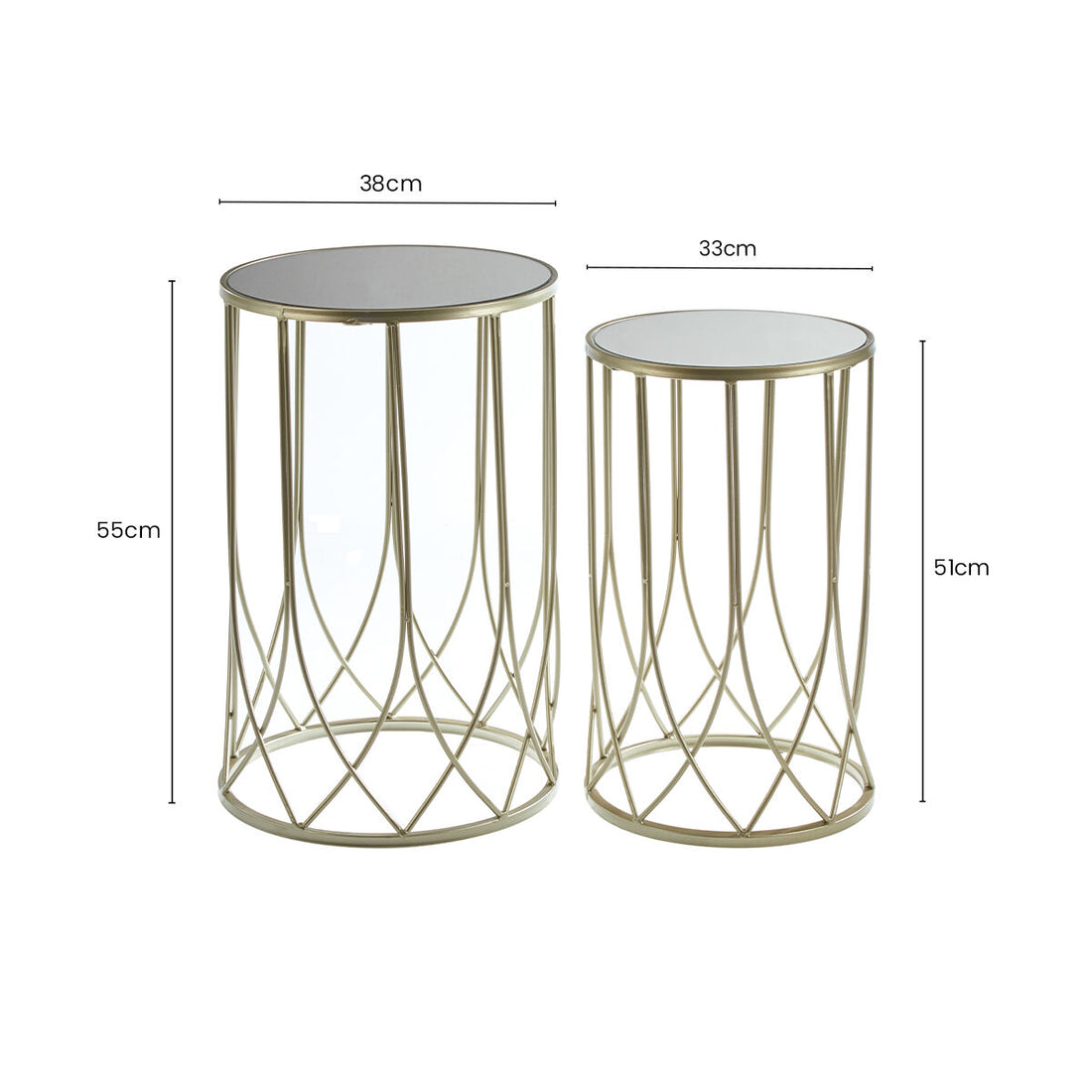 Set of 2 Champagne Gold Mirror Top Side Tables with Metal Bases, Avantis