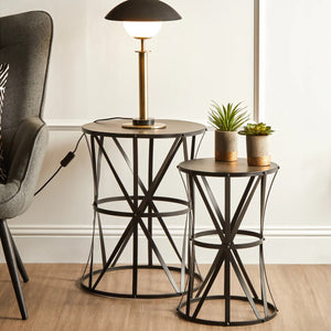 Avantis Black Finish Set of 2 Hourglass Side Tables with Cross Design
