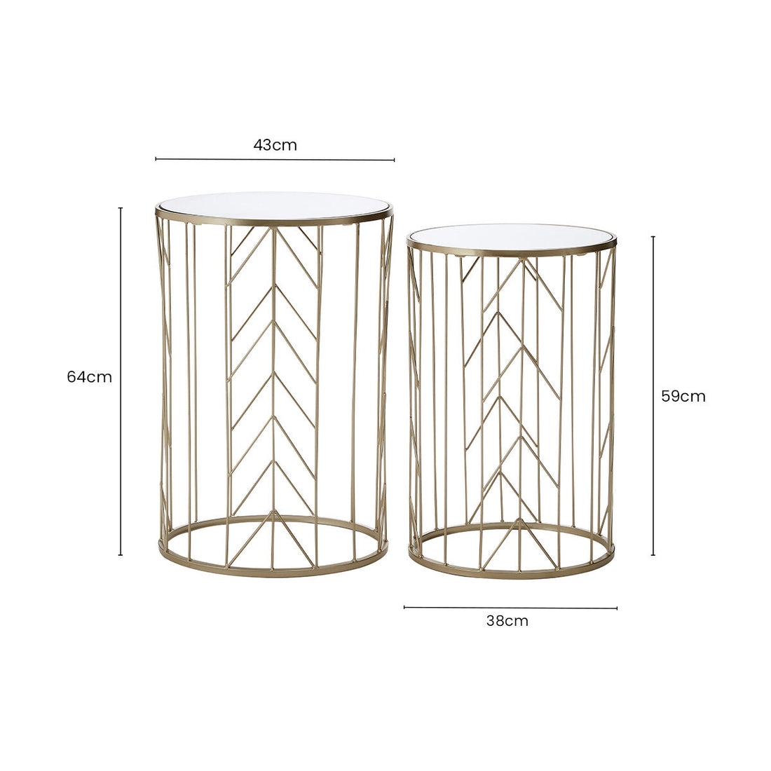 Art Deco Set of Two Champagne Finish Metal Base Side Tables with Reflective Mirrored Tops, Avantis