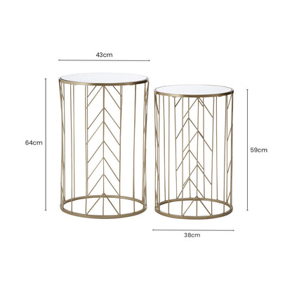 Art Deco Set of Two Champagne Finish Metal Base Side Tables with Reflective Mirrored Tops, Avantis