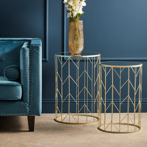 Avantis Champagne Finish Set of 2 Round Side Tables with Geometric Design