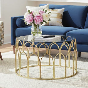 Round Glass Top and Gold Leaf Frame Coffee Table, Merlin