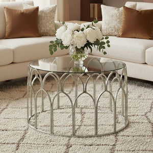 Round Glass Top and Silver Leaf Frame Coffee Table, Merlin