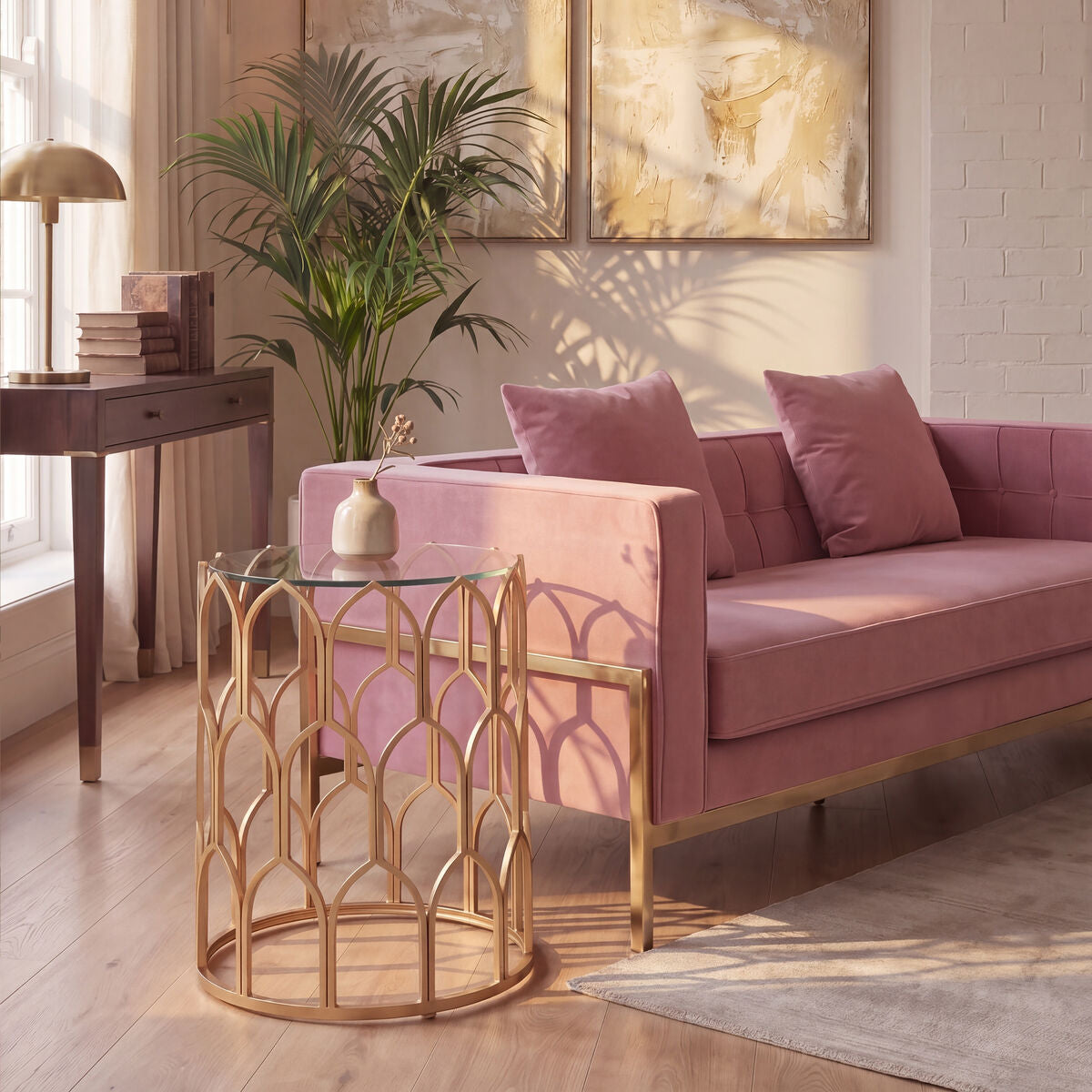 Gold Round Side Table with Geometric Design, Merlin