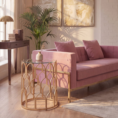 Gold Round Side Table with Geometric Design, Merlin