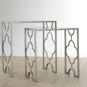 Merlin Silver Finish Set of 2 Side Tables with Mirrored Tops