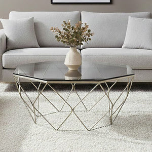 Allure Brushed  Nickel Finish Hexagon Coffee Table with Smoke Grey Glass Top