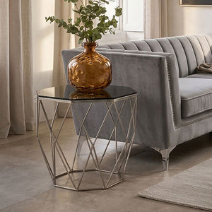 Allure Brushed  Nickel Finish Octagonal Side Table with Smoke Grey Glass Top