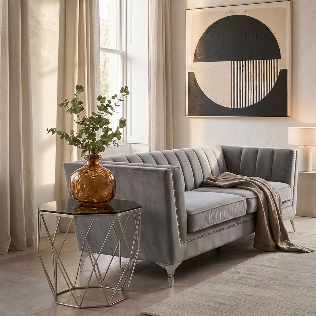 Smoke Grey Tempered Glass Top Octagonal End Table with Brushed Nickel Geometric Base, Allure