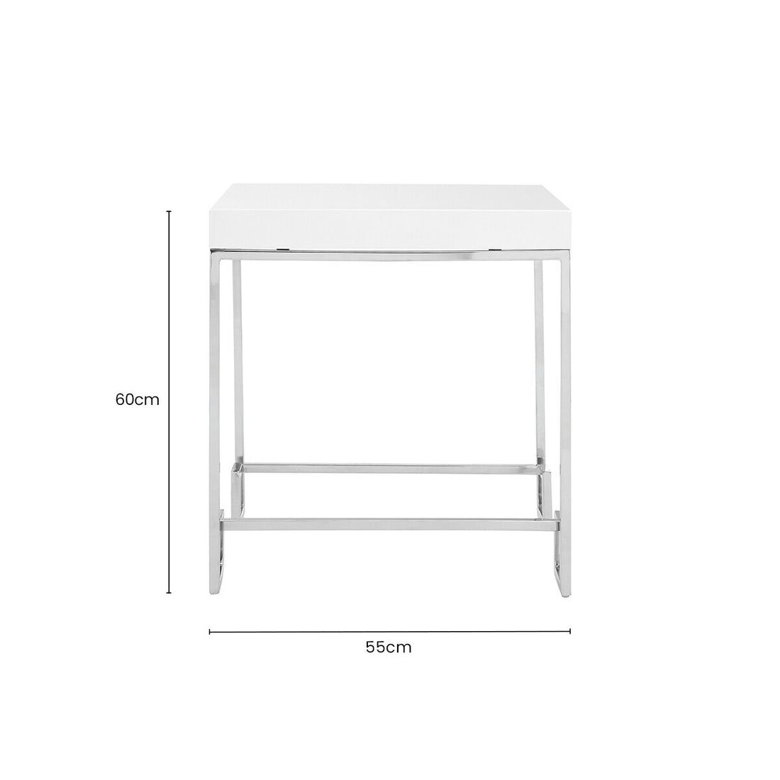 White High Gloss Wood Top End Table with Silver Chrome Angled Stainless Steel Leg, Allure