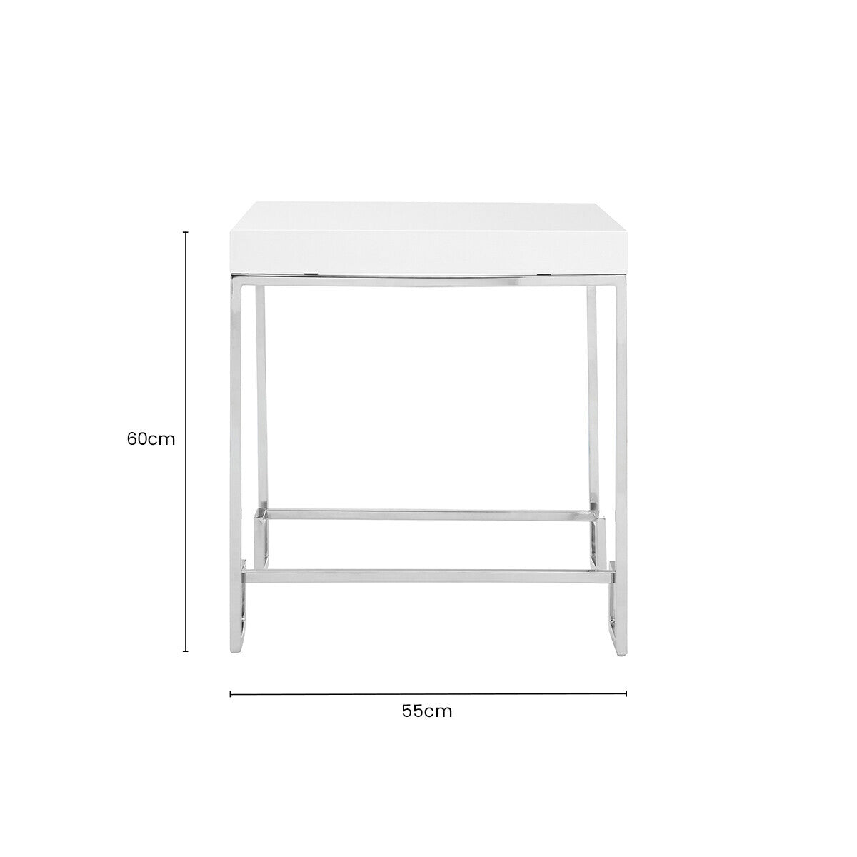 White High Gloss Wood Top End Table with Silver Chrome Angled Stainless Steel Leg, Allure