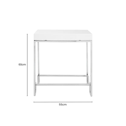 White High Gloss Wood Top End Table with Silver Chrome Angled Stainless Steel Leg, Allure