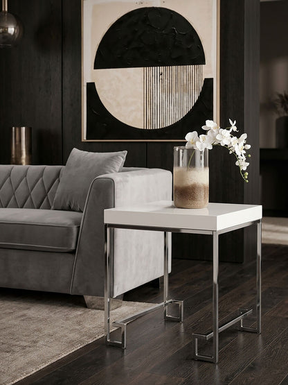 White High Gloss Wood Top End Table with Silver Chrome Angled Stainless Steel Leg, Allure