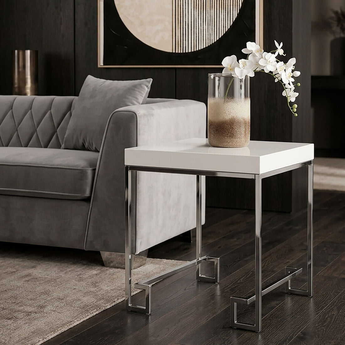 White High Gloss Wood Top End Table with Silver Chrome Angled Stainless Steel Leg, Allure