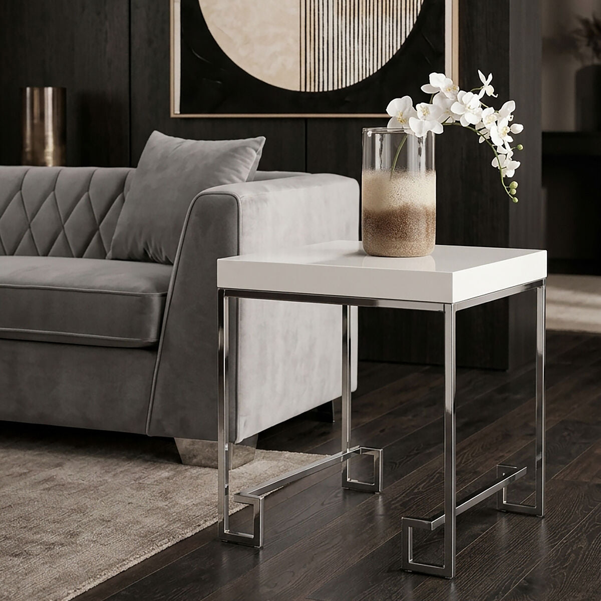 White High Gloss Wood Top End Table with Silver Chrome Angled Stainless Steel Leg, Allure