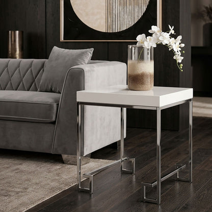 White High Gloss Wood Top End Table with Silver Chrome Angled Stainless Steel Leg, Allure