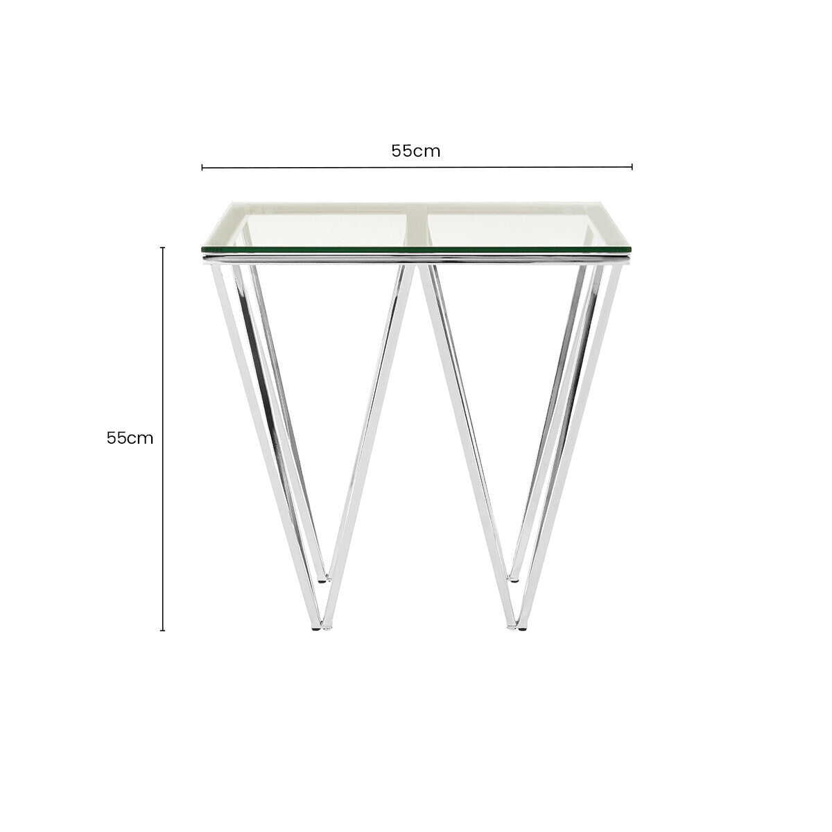 Clear Tempered Glass Coffee Table with Chrome Triangular Metal Legs, Allure