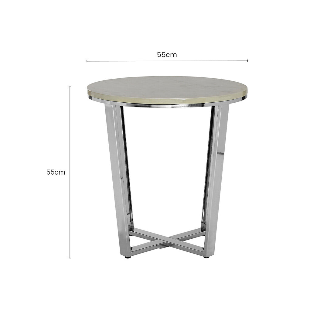 Round White Faux Marble End Table with Chrome Lattice Leg Design, Allure