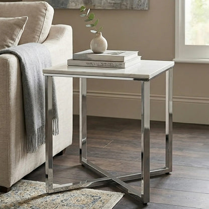 Square White Faux Marble End Table with Silver Chrome Metal Legs, Allure