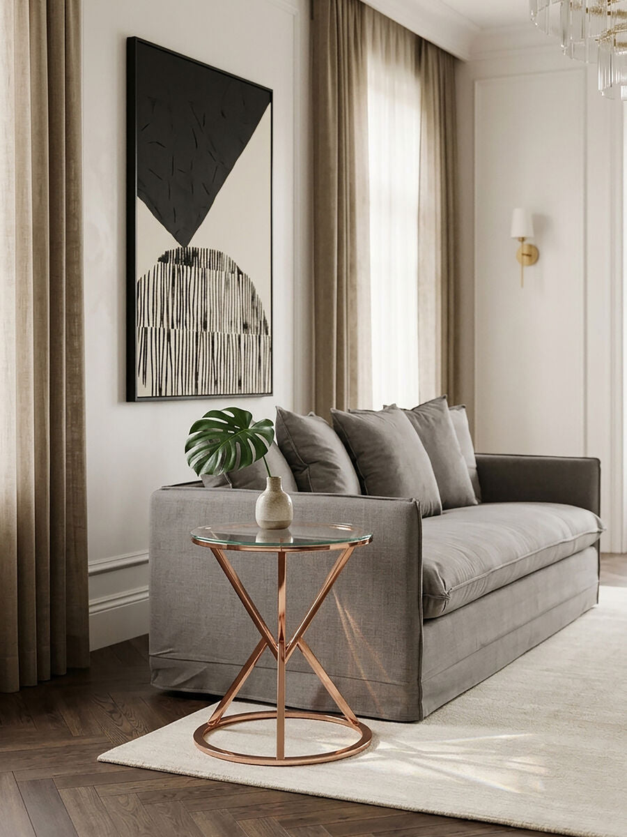 Rose Gold Stainless Steel Base Round End Table with Tempered Glass Top, Allure