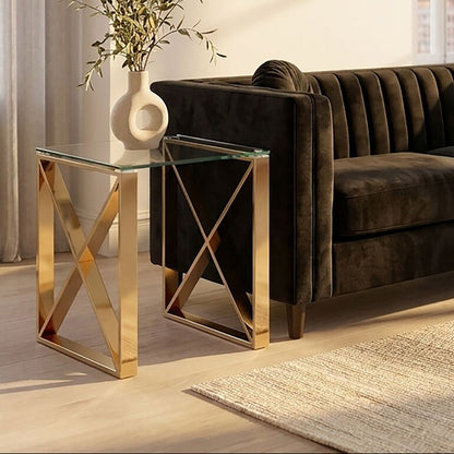 Brown velvet sofa in a stylish living room with a gold side table and abstract art.