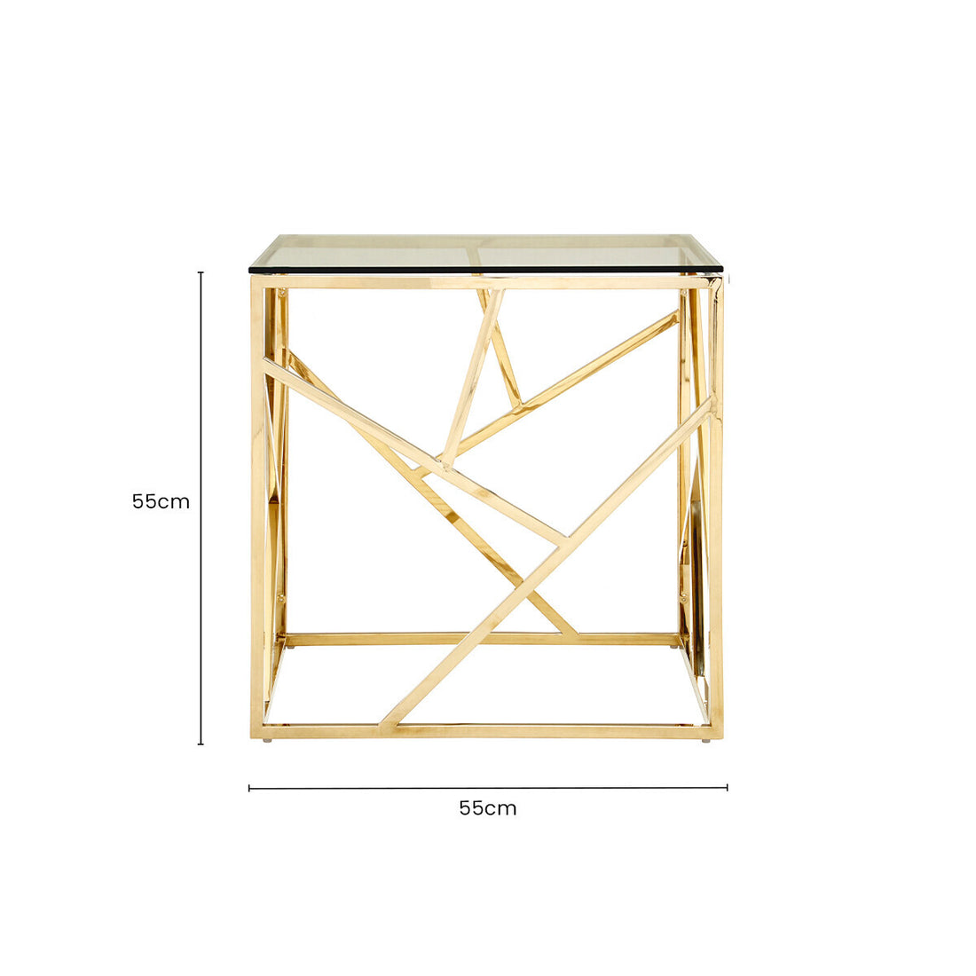 Champagne Gold Geometric Stainless Steel End Table with Tempered Glass Top, Allure