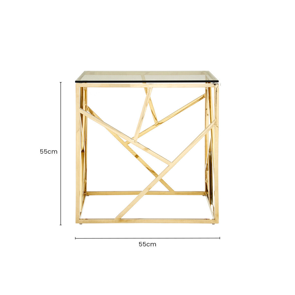 Champagne Gold Geometric Stainless Steel End Table with Tempered Glass Top, Allure