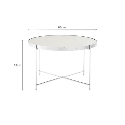 Large Round Mirrored Glass Top Side Table with Silver Chrome Lattice Base, Allure