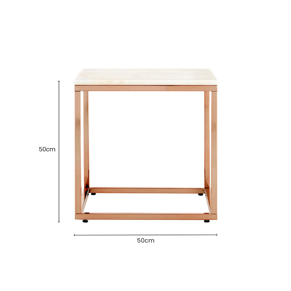 Square White Marble Top End Table with Rose Gold Metal Frame, Allure