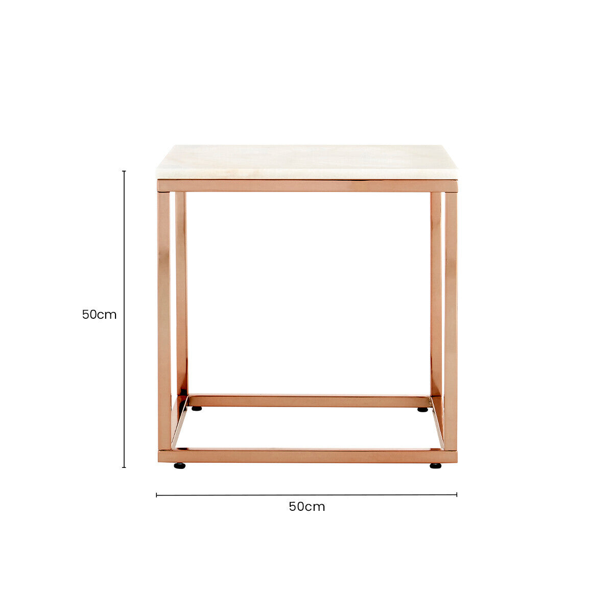 Square White Marble Top End Table with Rose Gold Metal Frame, Allure