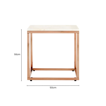 Square White Marble Top End Table with Rose Gold Metal Frame, Allure