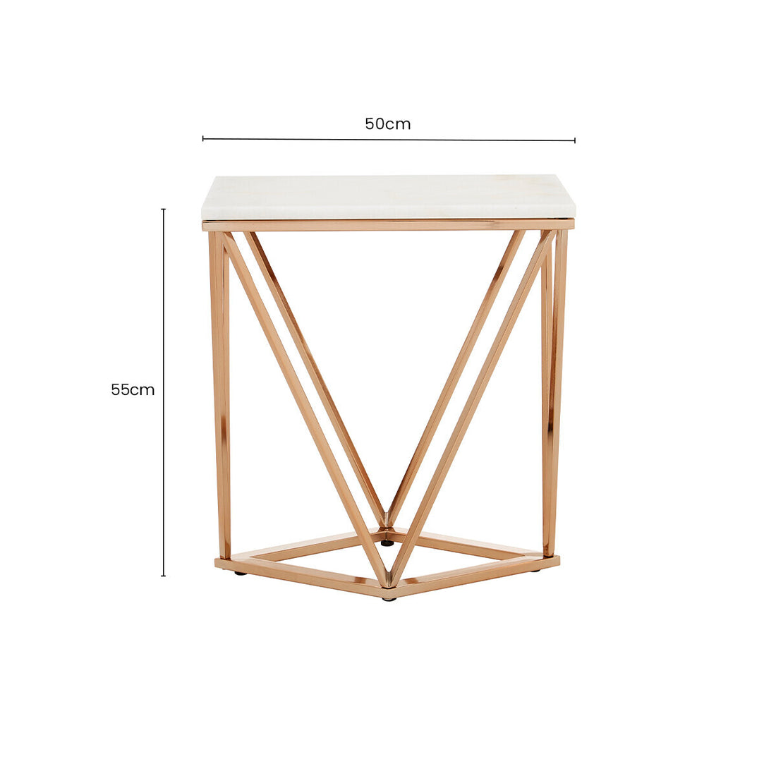 White Marble Champagne Rectangular End Table with Rose Gold Metal Frame, Allure