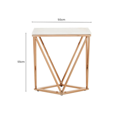 White Marble Champagne Rectangular End Table with Rose Gold Metal Frame, Allure