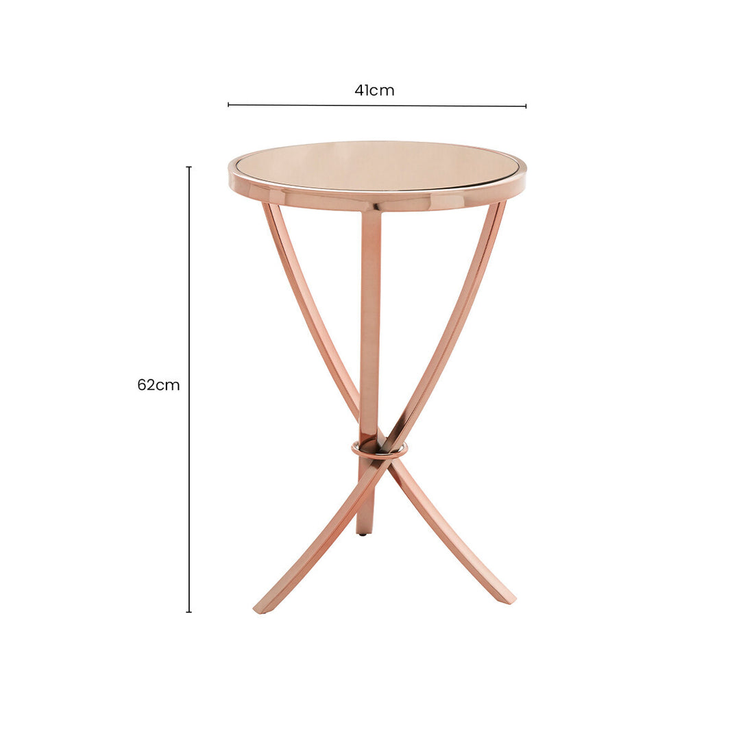 Rose Gold Mirrored Glass Top Round Side Table with Bow-Shaped Metal Legs, Allure