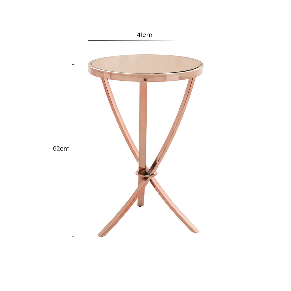 Rose Gold Mirrored Glass Top Round Side Table with Bow-Shaped Metal Legs, Allure