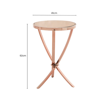 Rose Gold Mirrored Glass Top Round Side Table with Bow-Shaped Metal Legs, Allure