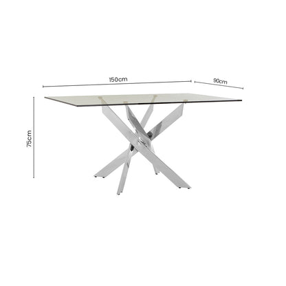 Rectangular Tempered Glass Top Dining Table with Intersecting Silver Chrome Base, Allure
