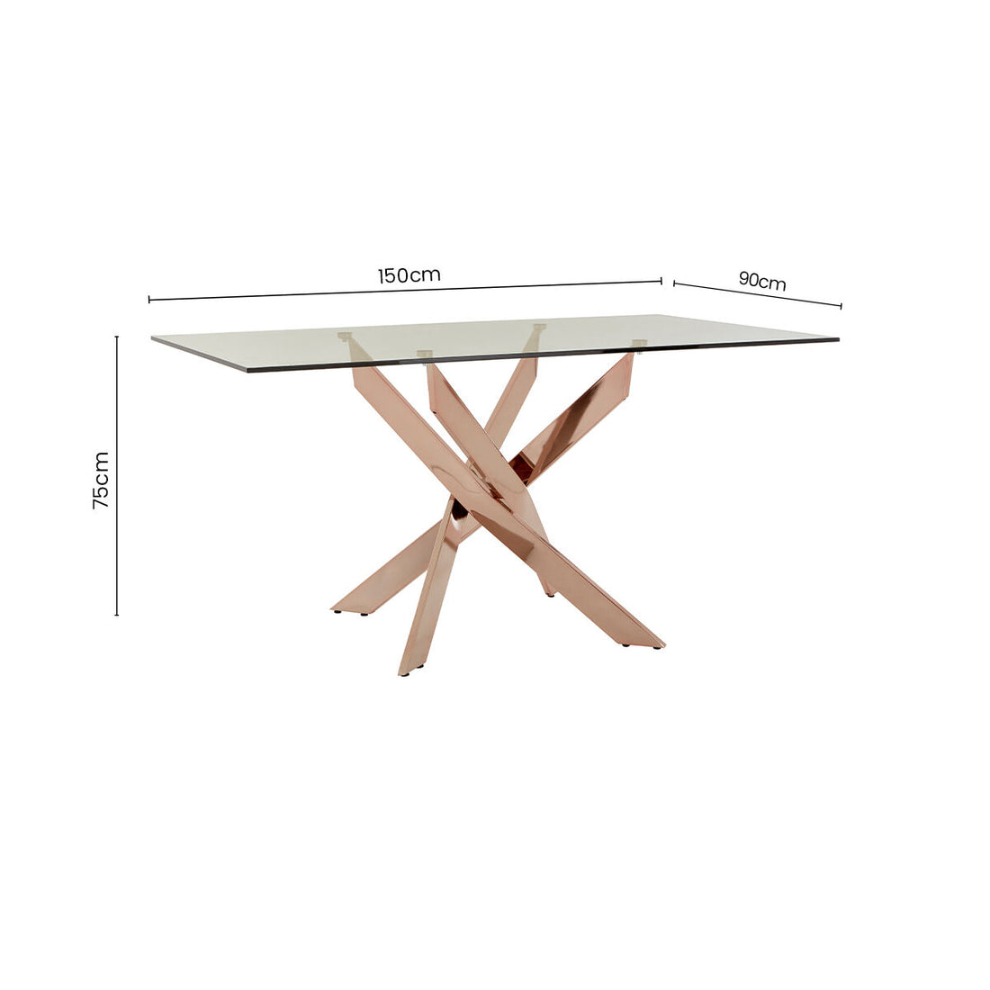 Rectangular Tempered Glass Top Dining Table with Intersecting Rose Gold Stainless Steel Base, Allure