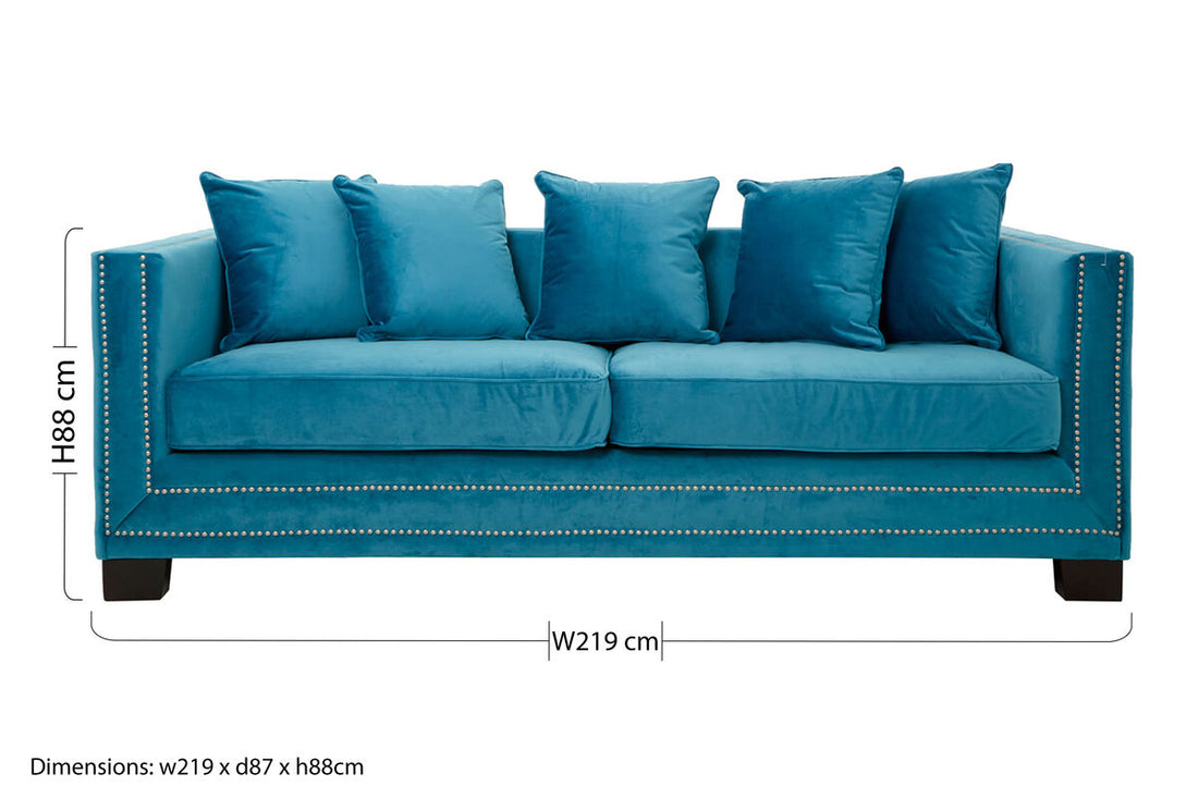 3 Seater Cyan Blue Velvet Sofa, Sofia - Image 9
