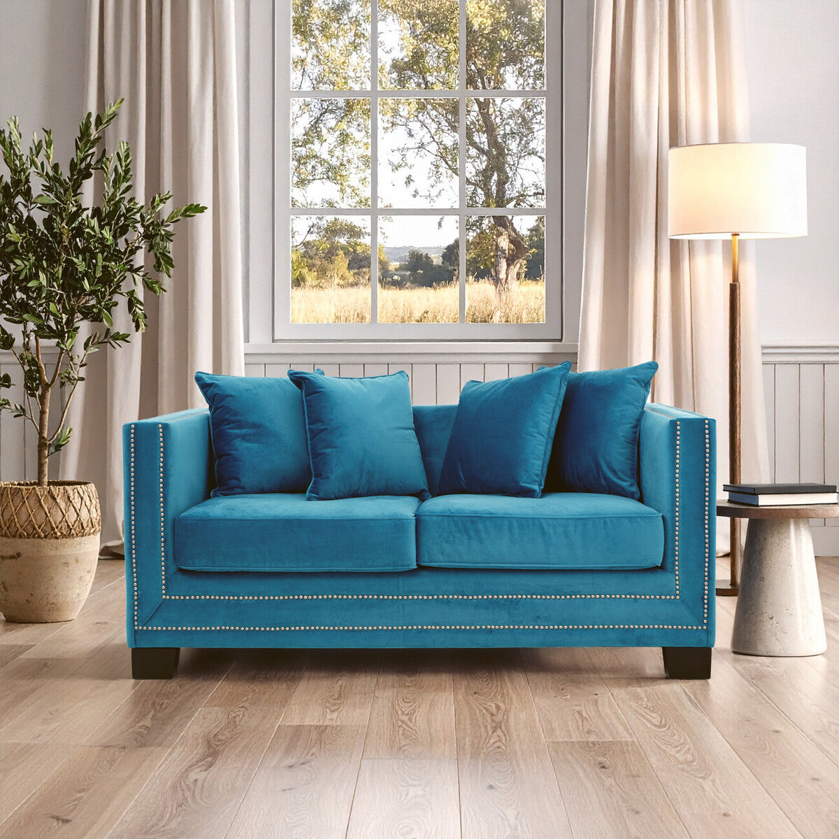 2 Seater Cyan Blue Velvet Sofa, Sofia