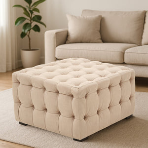 Stella Beige Linen Button Tufted Large Footstool