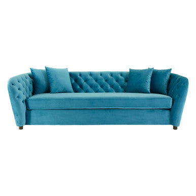 Turquoise sofa with tufted backrest on a white background