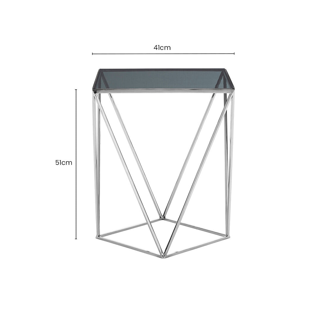 Black Square Tempered Glass Top Prism Side Table with Polished Stainless Steel Base, Shalimar